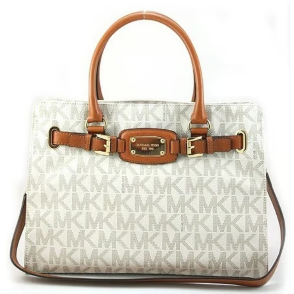 Michael Kors Hamilton Large Signature East West Monogram Satchel Vanilla & Acorn